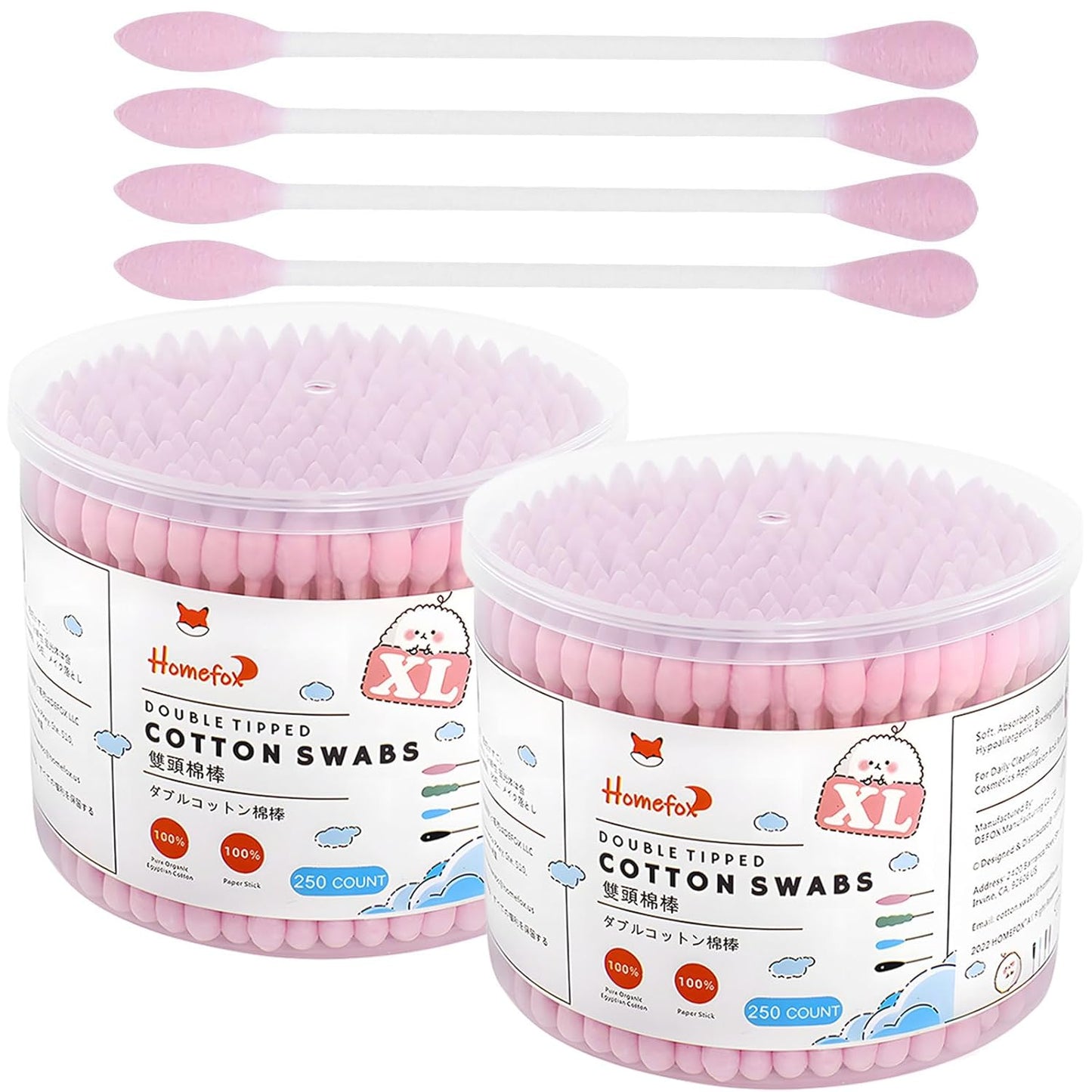 XL Pink Cotton Swabs - Pointed Precision Organic Buds | 250 Count Double-Sided Tips
