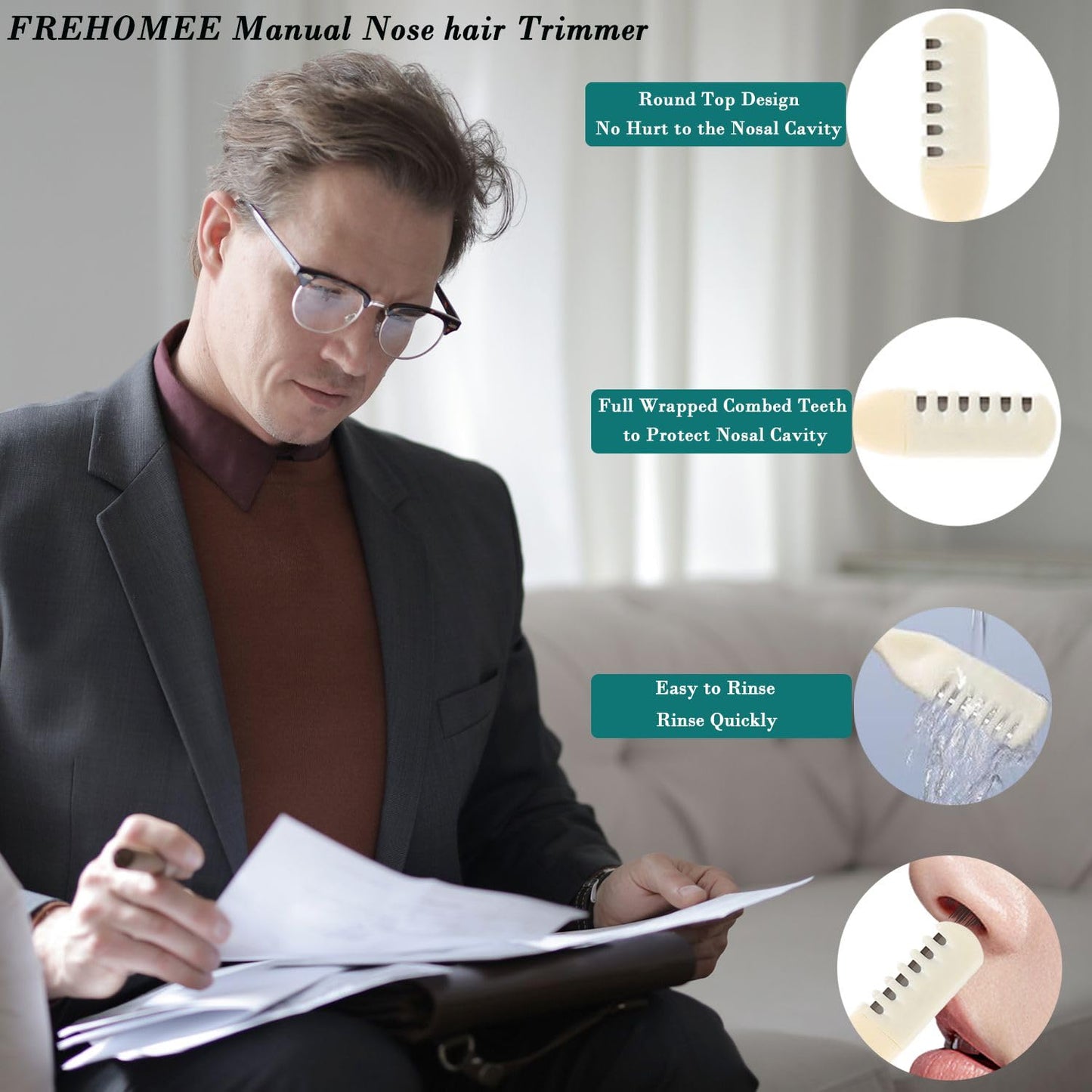 FREHOMEE Manual Nose Hair Trimmer for Man & Woman,Trimmer for Nose,Ear,Moustache Hair,Waterproof,Stainless Steel with Brush,Nasal Clippers (Green, 3 Pcs)