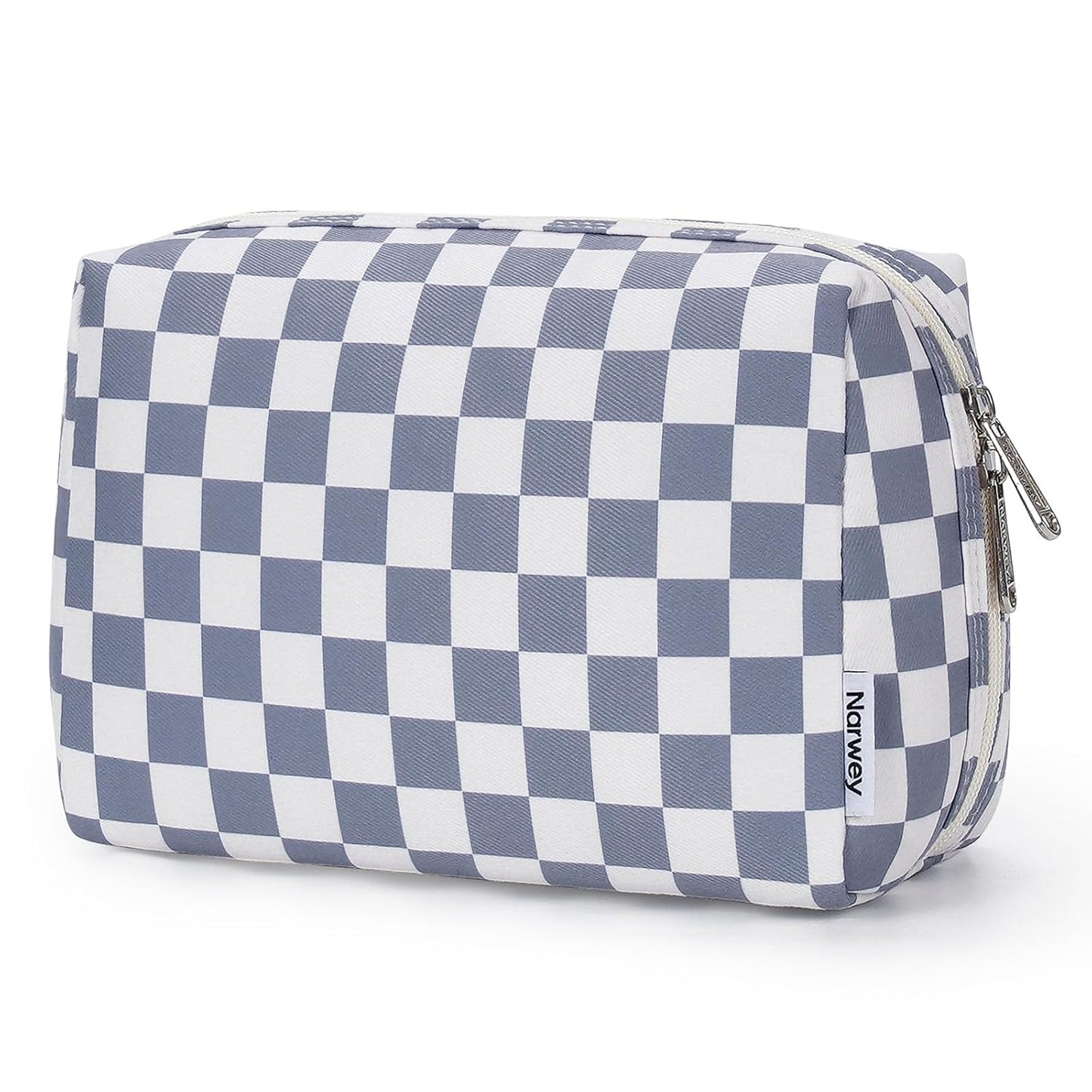 Checkered Makeup Bag - Travel Cosmetic Organizer with Compartments | Large Sky Blue Checkerboard