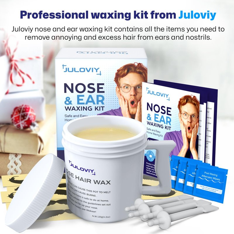 Nose & Ear Waxing Kit - Hypoallergenic Wax + 30 Applicators | Painless Hair Removal for Men & Women | Includes 15 Soothing Balm Wipes & Mustache Guards | Long-Lasting Results (6 Weeks) (120g)