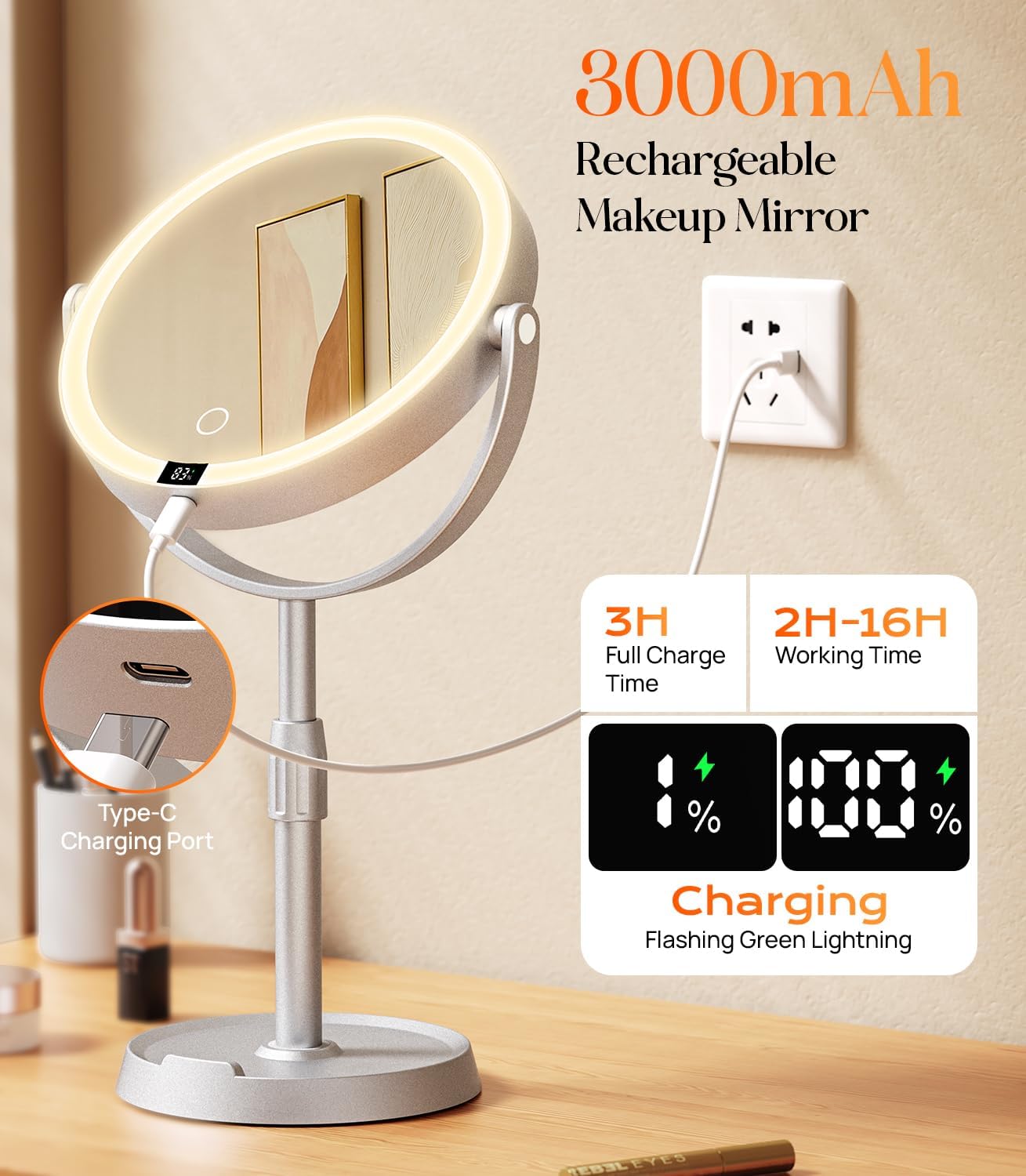 Lighted Makeup Mirror with 20X Magnification - Adjustable Height & Digital Display | Perfect for Makeup Desk & Bathroom