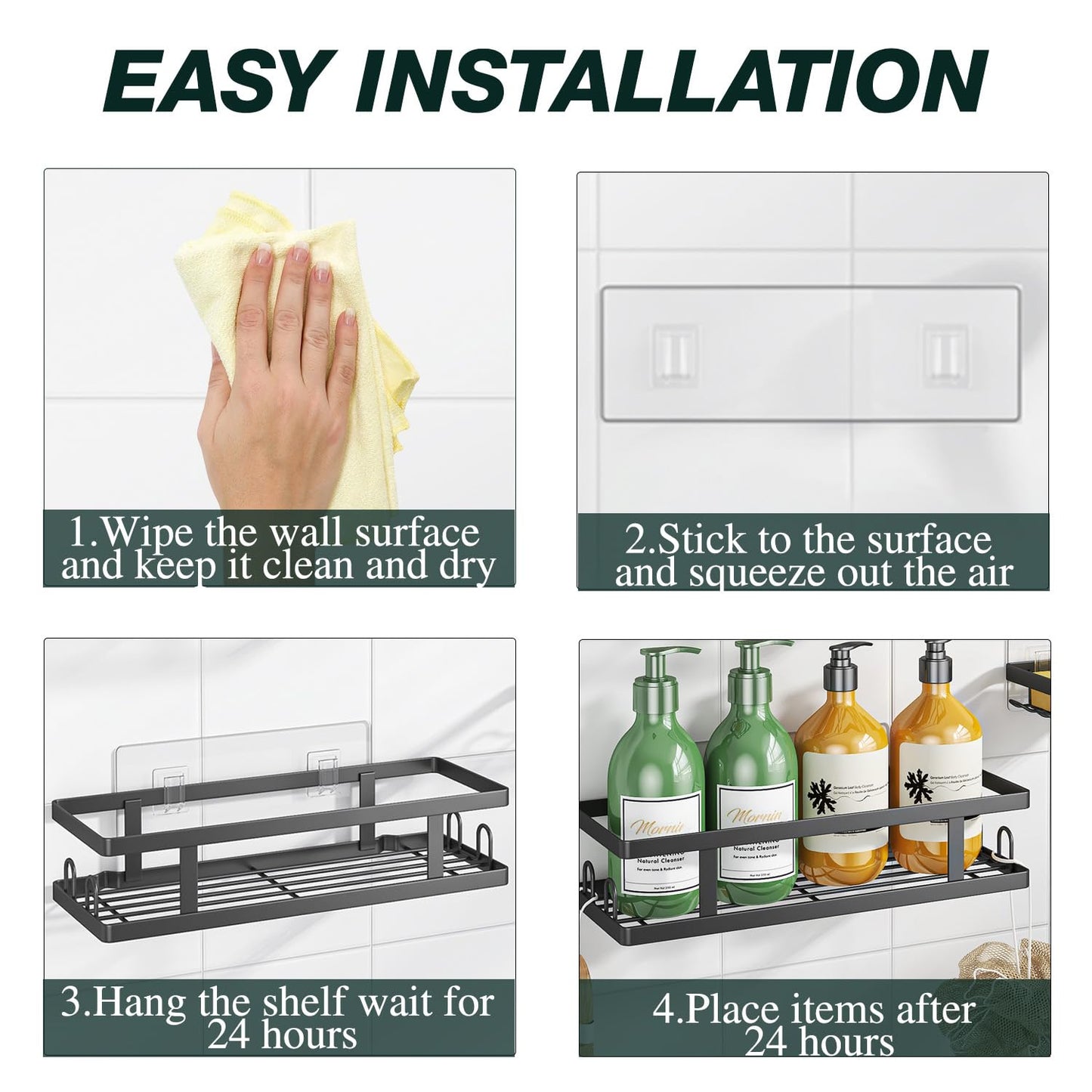 Youvip Adhesive Shower Caddy,Shower Shelves with Soap Holder and 12 Hooks,Rustproof No Drilling Bathroom Organizer and Storage,Black,3 Pack