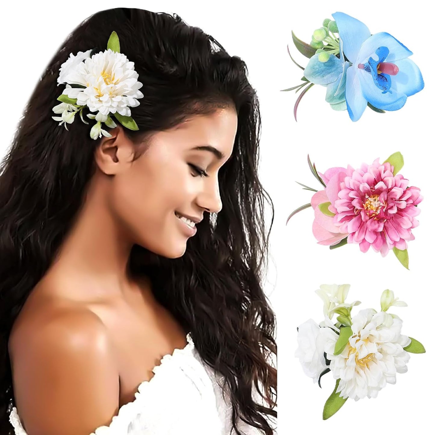 Hawaiian Flower Hair Clips - 3-Piece Set of Tropical Hair Pins | Artificial Floral Accessories in Blue, Pink, Purple