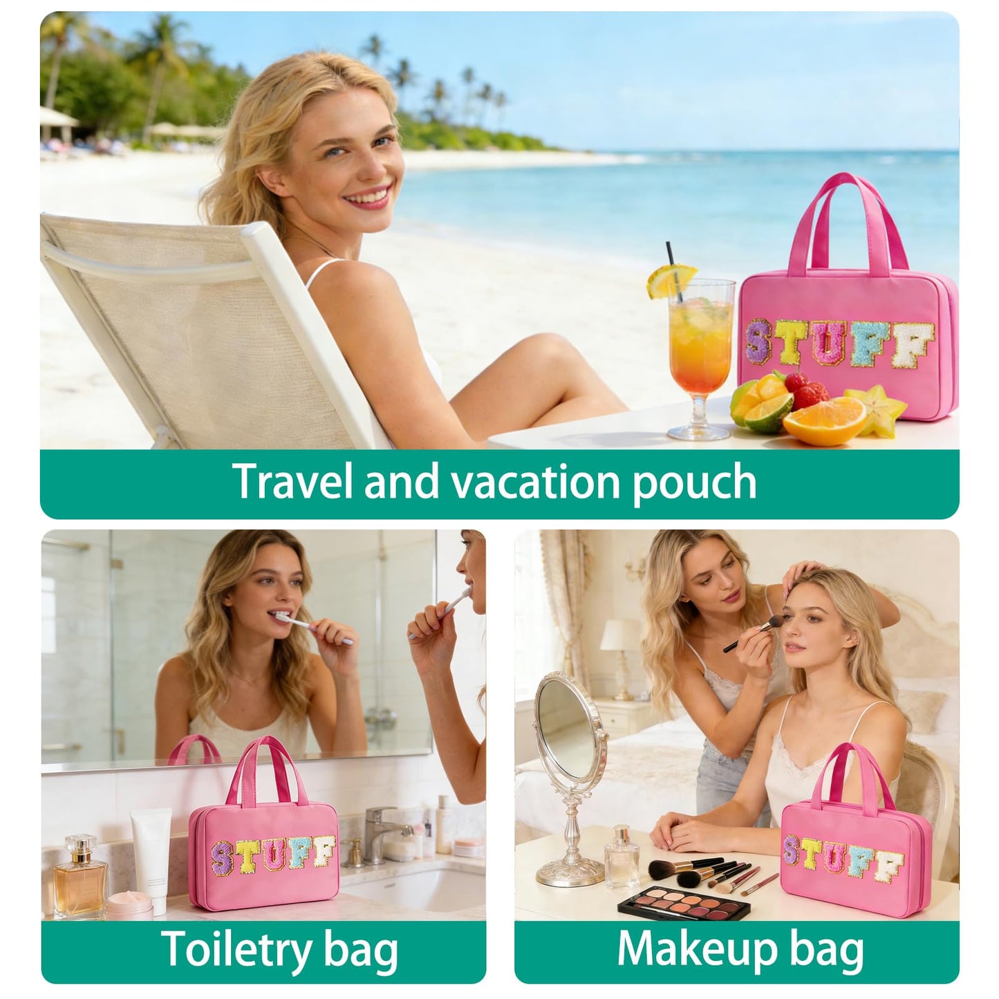Apxouans Toiletry Bag with Hanging Hook Chenille Letter Cosmetic Bag Spacious Travel Bag Water-resistant Makeup Bag for Store Toiletries Cosmetic Accessories and Sets for Women Rose Red