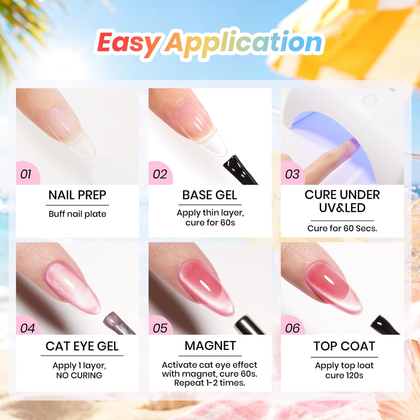 Beetles Summer Voyage Cat Eye Gel Nail Polish Set - 9ML 6 Colors Saltmist Sunset Summer Cat Eye Gel Nail Polish Kit Yellow Blue Green Pink Purple Soak Off UV Salon DIY at Home Manicure Gift for Women
