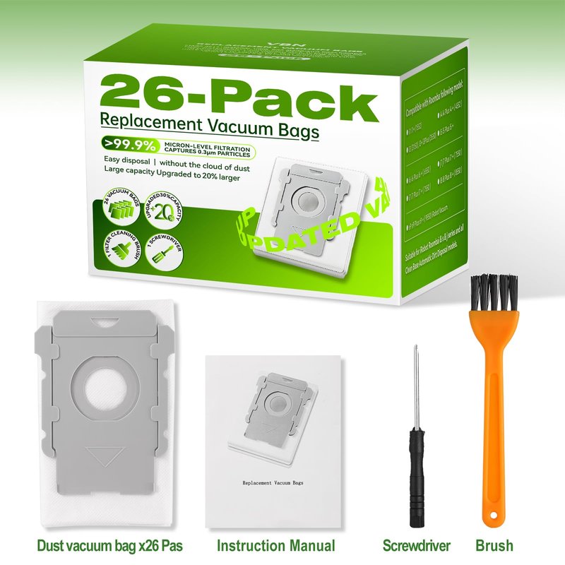 VBN 26 Pack Vacuum Bags for iRobot Roomba i s j 100 400 500 Series All Clean Base, Fit i3+ i4+ i5+ i6+ i7+ i8+ j7+ j8+ j9+ s9+ 104 105 405 504 505 507 Vac Combo, 705 Max Combo10, Dirt Disposal Bags