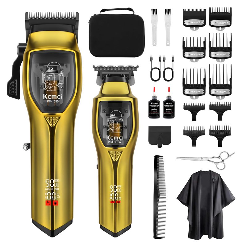 KEMEI Professional Men's Cordless Hair Clipper Set—Barber-Grade Clippers, Trimming Tools, Long-Lasting Battery, USB Charging with LED Display, The Ultimate Grooming Gift for Men.(KM-1680+1737)