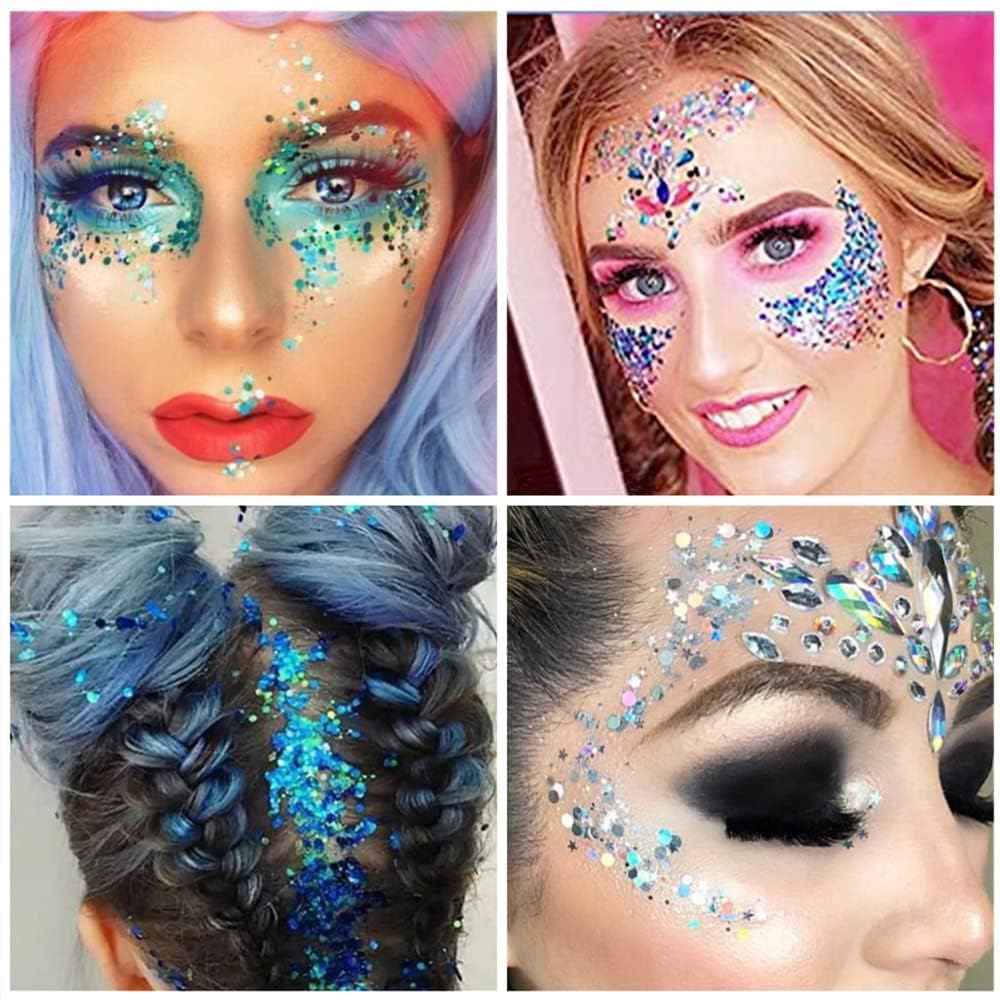Go Ho Red White and Blue Body Glitter Set,4th of July Outfits for Women Reflective Glitter Makeup,Red White Bue Holographic Long Lasting Chunky Sequins Glitters,4th of July USA Accessories