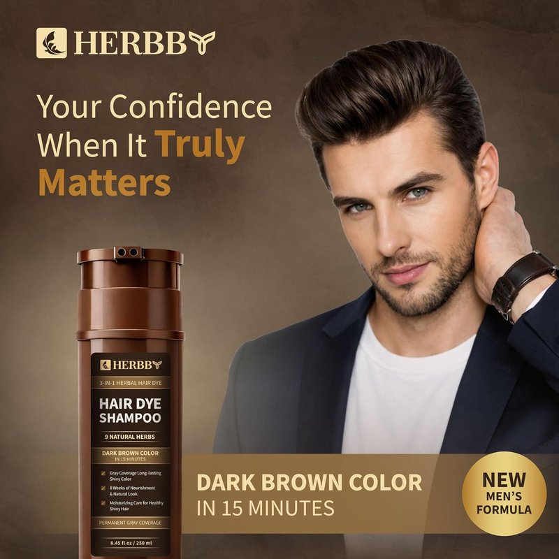 Hair Color Shampoo for Gray Coverage | 9 Herbal Extracts, Long-Lasting Dark Brown, 250ml