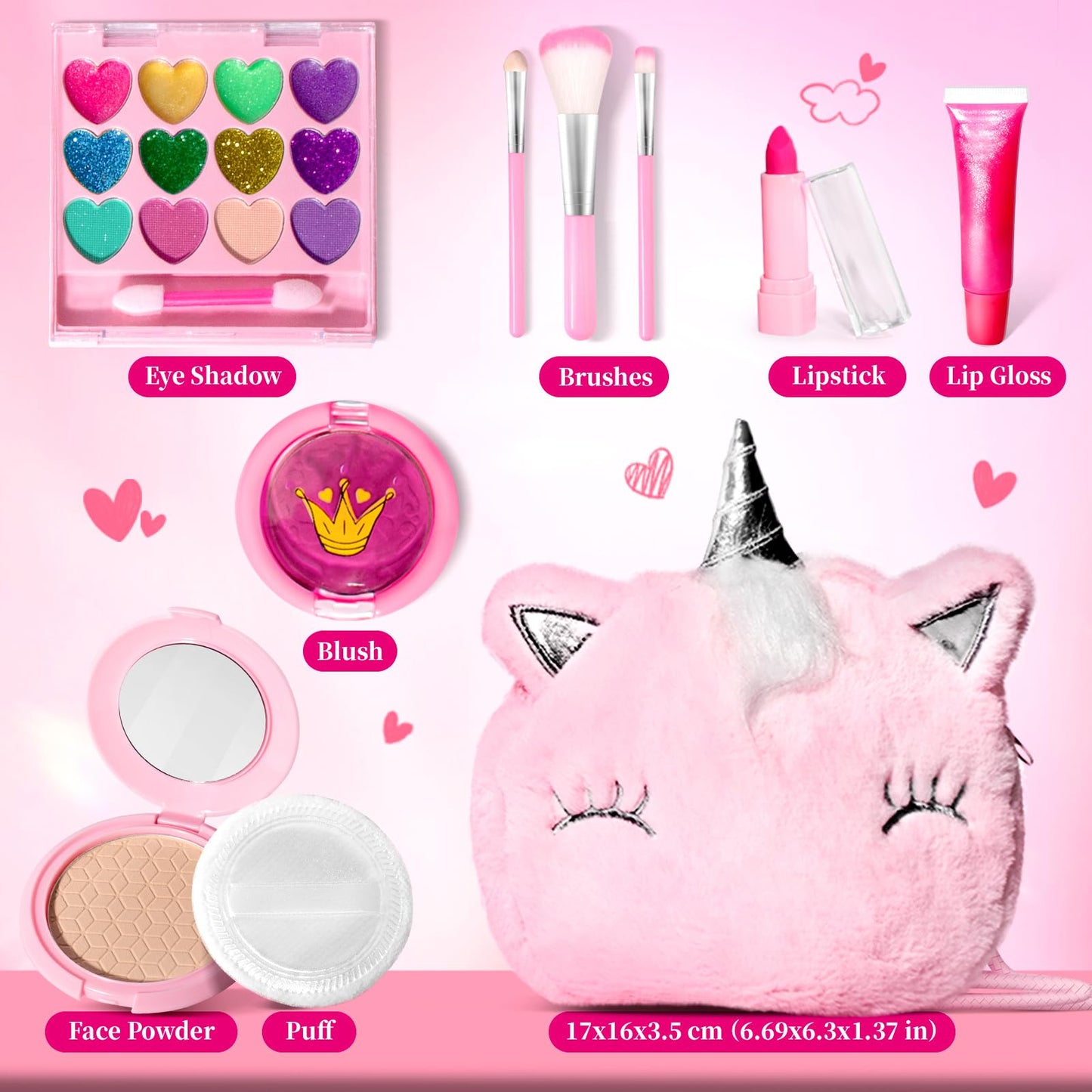 ULOVEME Talc-Free Real Kids Makeup, Mica-Based Washable Makeup Kit for Girls with Fluffy Unicorn Purse - Hypoallergenic Makeup for Sensitive Skin Kids - Gift for 5 -8 Years Old Girls Birthday