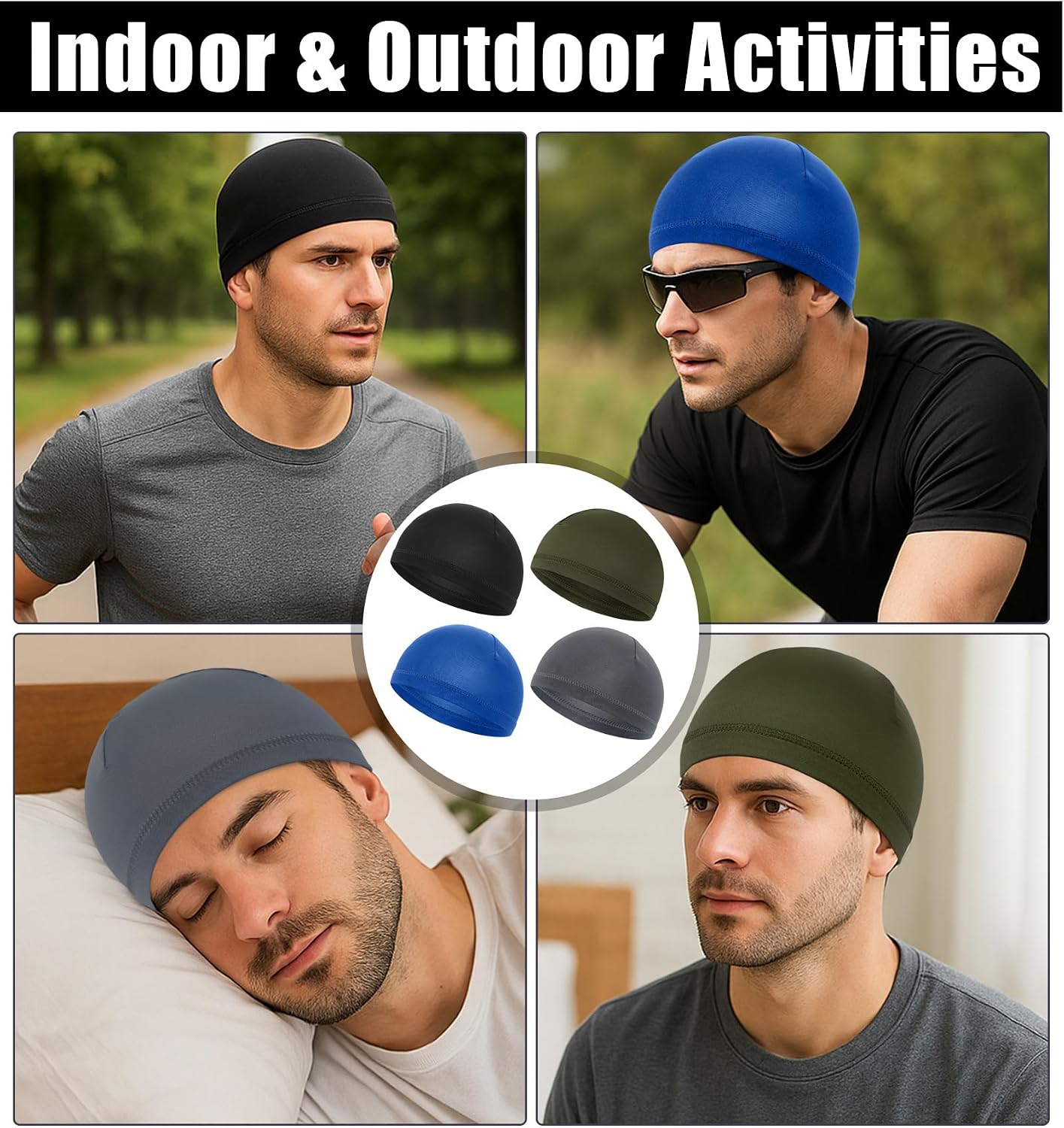 Wave Cap for Men - Breathable Sleep & Sport Skull Hat | 4-Pack, Sweat Absorbent