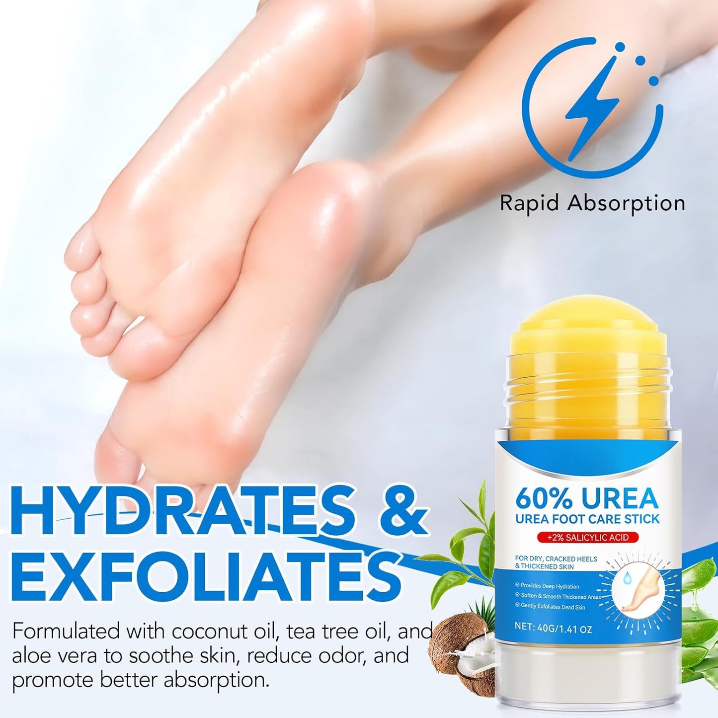 Urea Foot Cream Stick - 60% Urea & 2% Salicylic Acid | Moisturizing Foot Care for Dry Cracked Skin, 1.41 oz