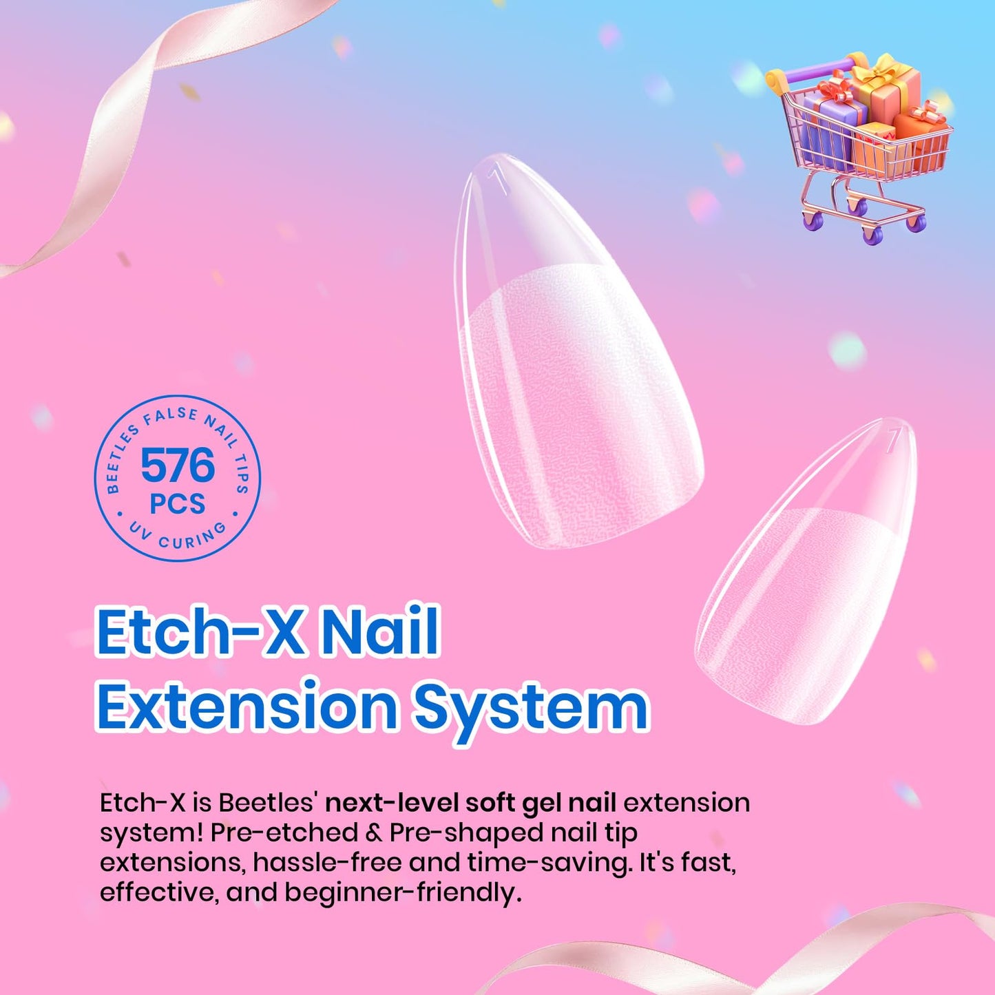 Beetles Gel Nail Tips 576Pcs Pre-Shape Short Almond Etch-X Nail Tips,12 Sizes Soft Acrylic False Tips Half Matte Full Cover Easy DIY Press On Nail Extensions Art Salon Gift Set for Women