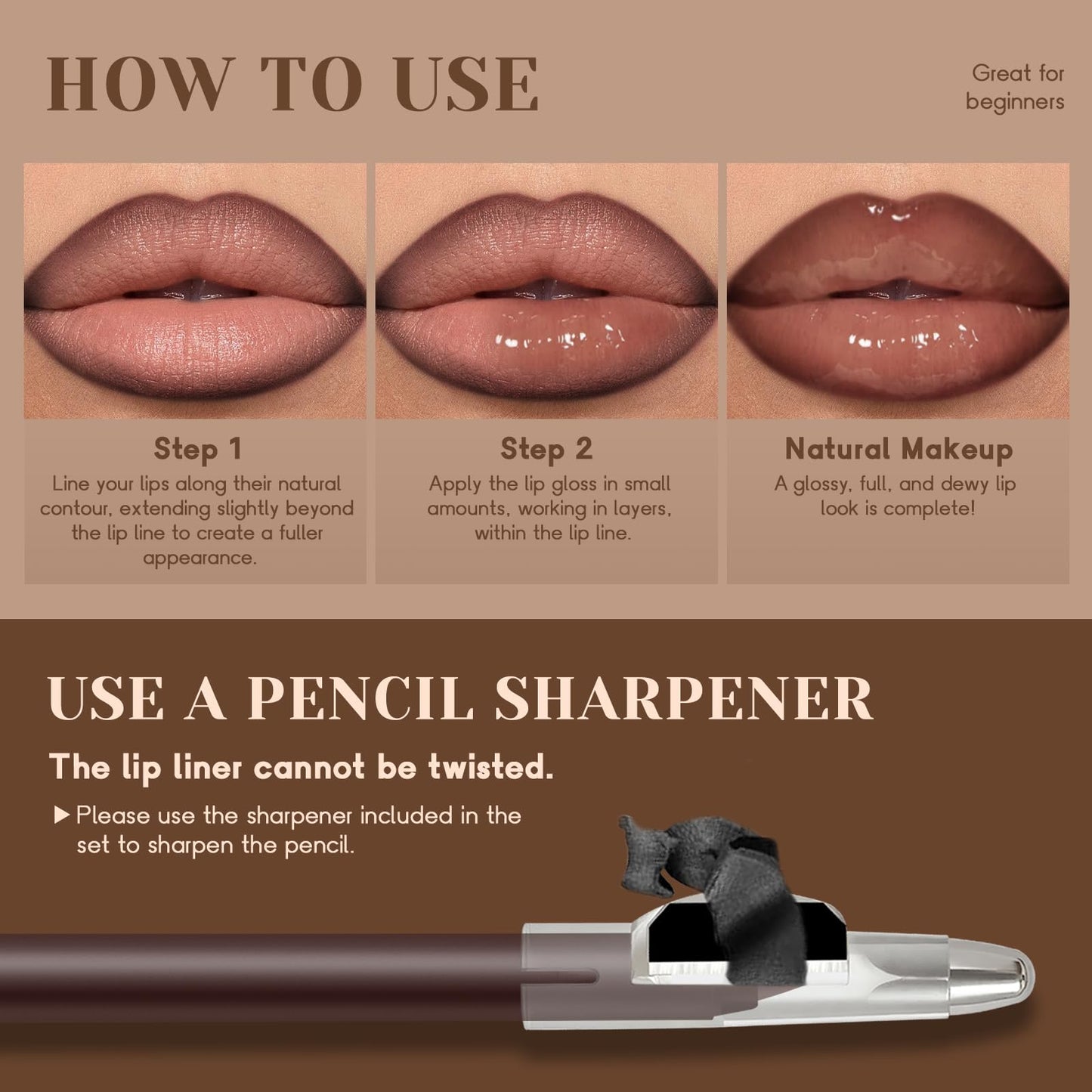 Noerrors 6pcs Natural Nude Lip Combo Sets, Moisturizing High Shine Lip Kit with Creamy Brown Lip Liner and Long Lasting Nourishing Gloss for Women, Plumping Fresh Glossy Effect for Volume Lips Makeup