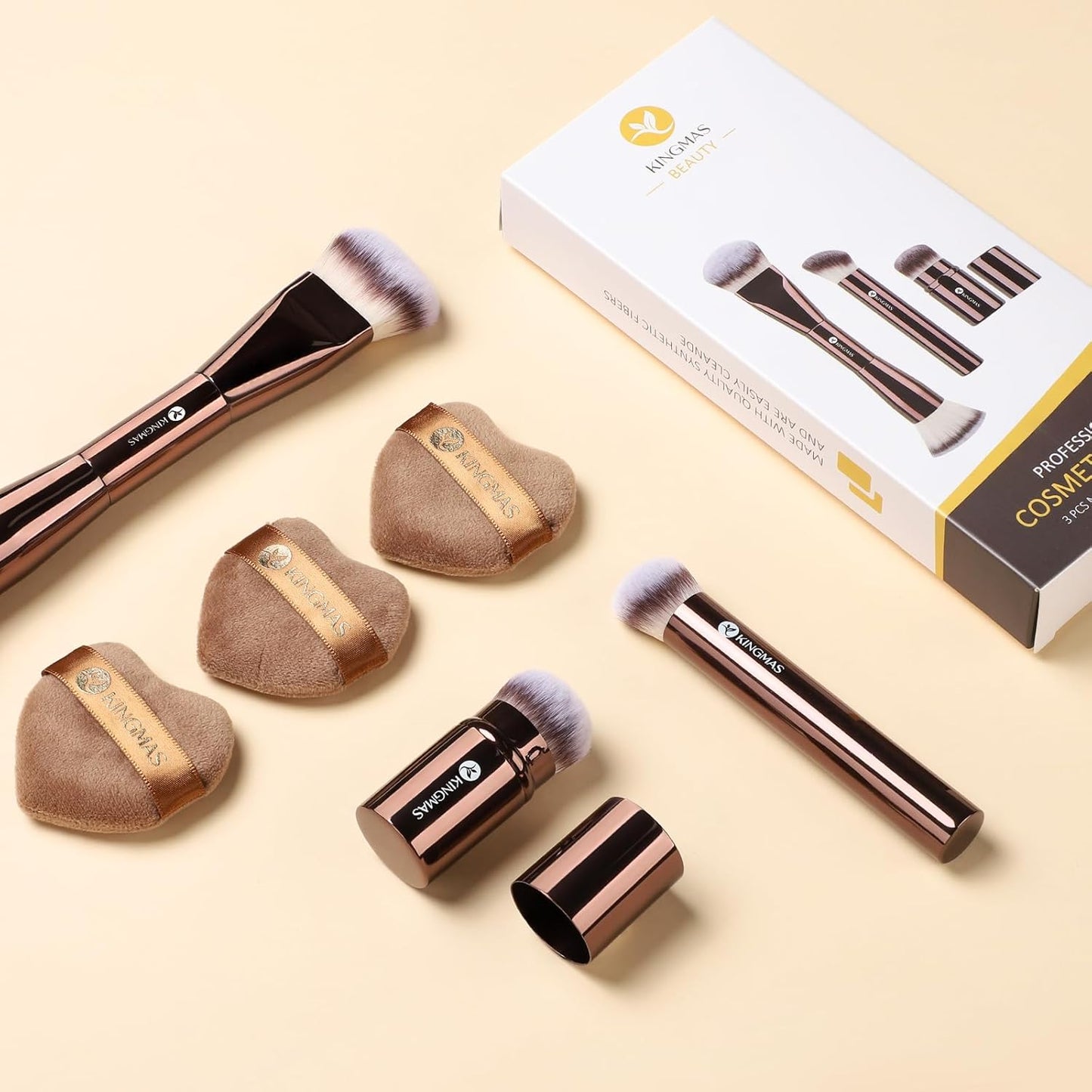 Makeup Brush Set - Kabuki Foundation & Concealer Brushes with Velour Puffs | 3 Brushes & 3 Puffs
