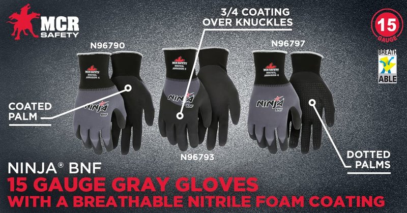 MCR Safety Ninja BNF N96790L Work Glove, 15 Gauge Nylon/Spandex Shell, Breathable Nitrile Foam (BNF) Coated Palm & Fingertips, Large, Black / Gray, Grey