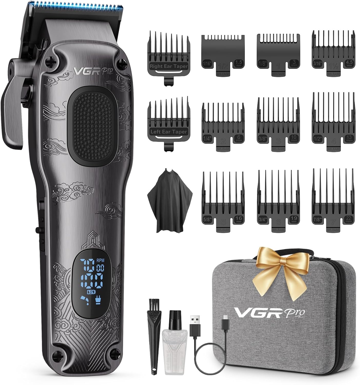 VGRPRO Hair Clippers for Men - Professional Cordless & Corded Grooming Kit | LED Battery Display, Golden Finish