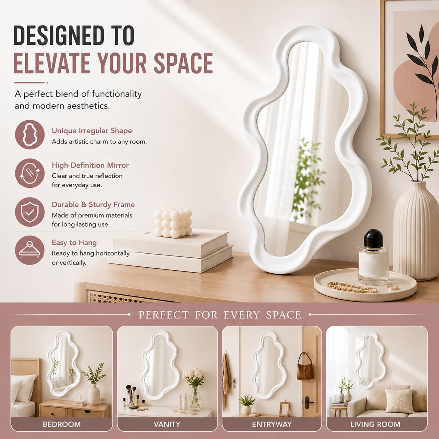 Mokoze Asymmetrical Wall Mirror, Irregular Mirror, White,16.14" x 9.84"