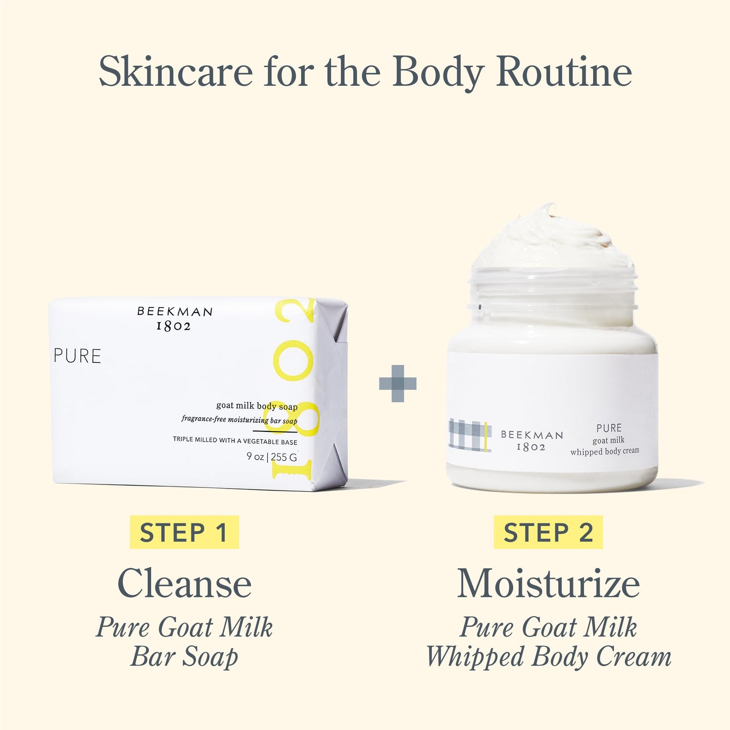 Beekman 1802 Pure 3-Piece Body Care Set – Goat Milk Skincare Gift Set with Bar Soap, Whipped Body Cream & Hydrating Hand Cream – Fragrance Free Travel Size Body Care Kit