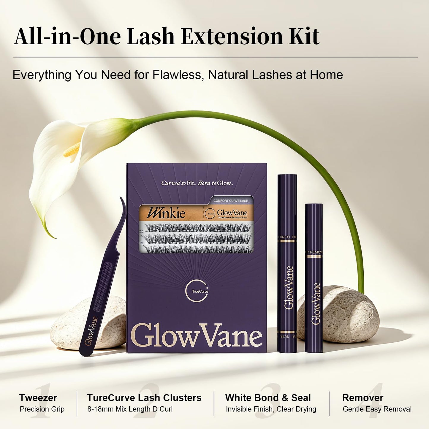 GlowVane True-Curve Lash Clusters Kit, Soft Natural Look Eyelash Clusters for All-Day Comfort, 0.03mm Wispy D Curl Lashes, 8-18mm Lightweight Curved Band Lashes, Beginner-Friendly (Winkie Kit)