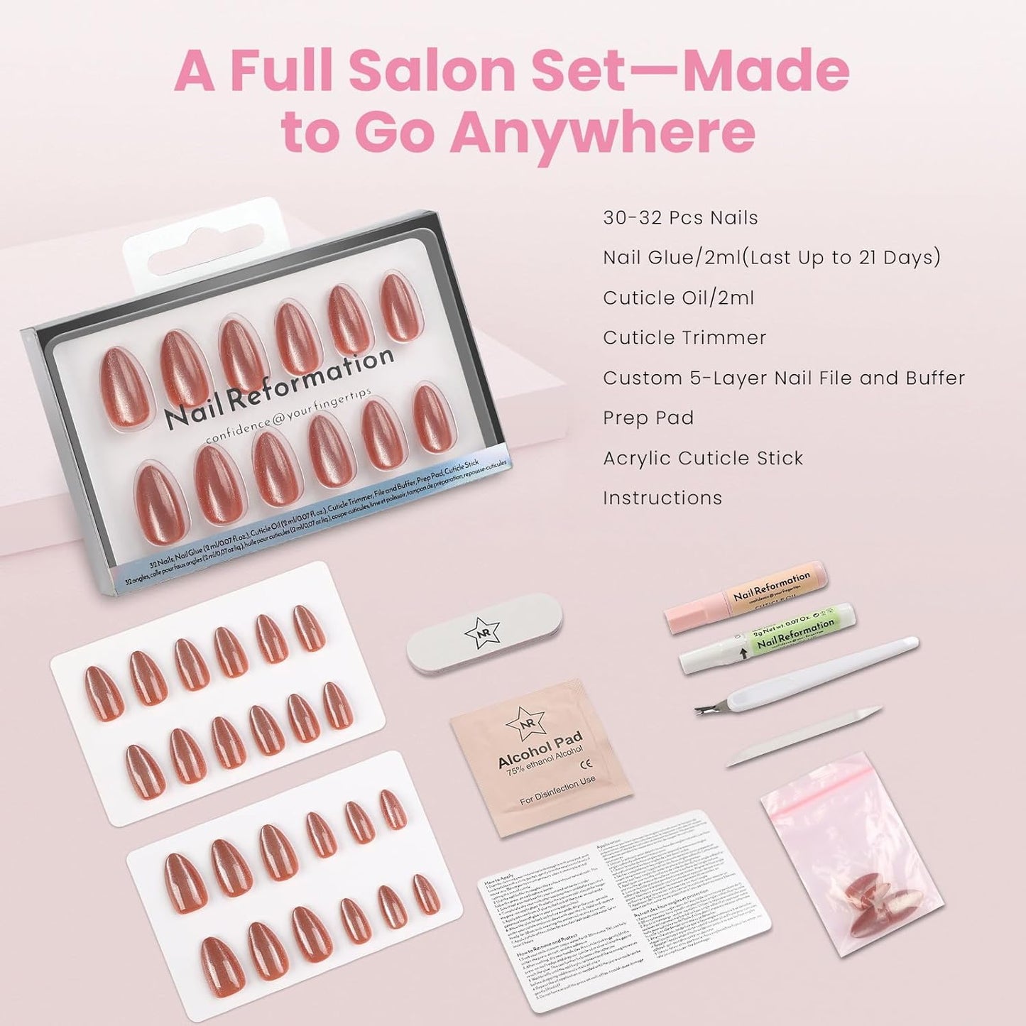 Press On Nails - Amber Gold Short Almond Cat Eye Velvet Finish | 16 Sizes, Reusable Opaque Stick-On Nail Kit with Glue