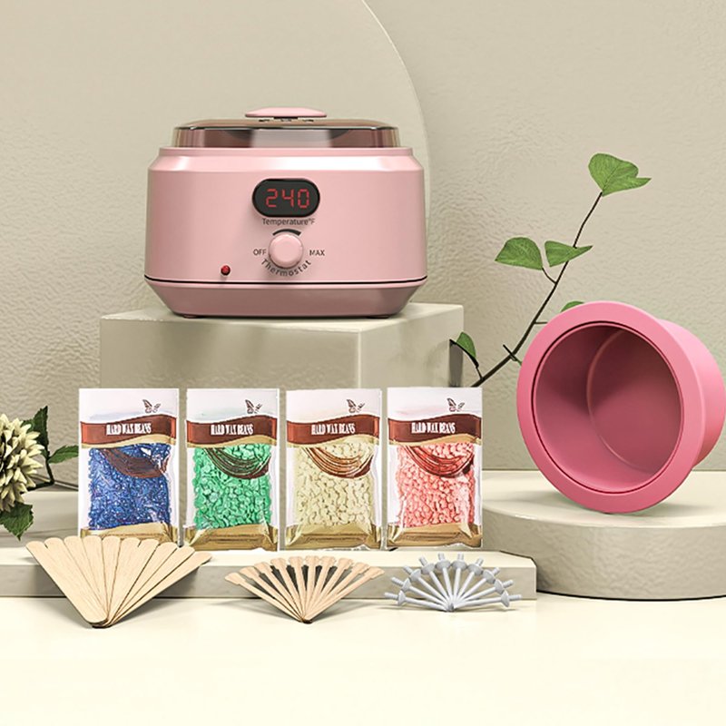 Waxing Kit for Women Men, Digital Wax Kit with Silicone Bowl & 4 Bags Hard Wax Beads, Portable Wax Warmer for Sensitive Skin Full Body Hair Removal, Brazilian Bikini, Eyebrow, Face (Pink)