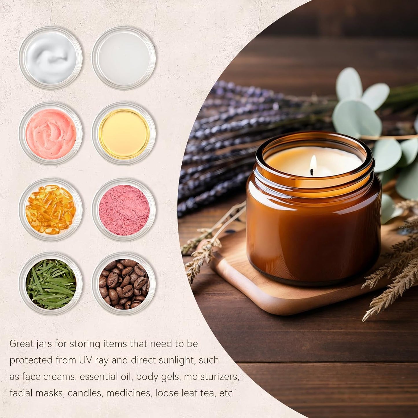 Airtight Amber Glass Jars - 2 Oz Small Cosmetic Containers | 12 Pack for Lotions, Creams, Candles