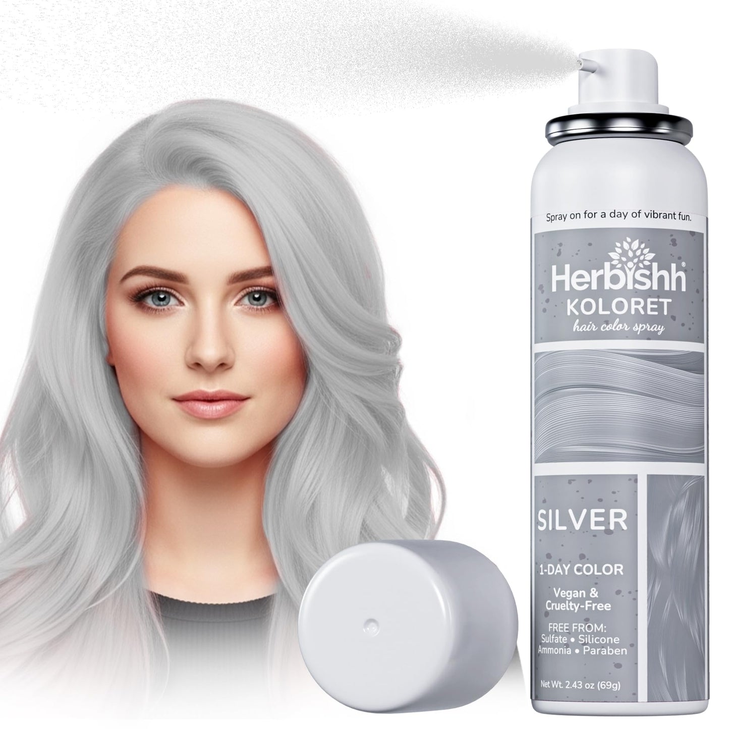 Herbishh Koloret Pastel Silver Hair Mist Spray (69g), Washable Temporary Dye for Light Hair, Fast-Drying Non-Sticky Metallic Tint, Travel-Friendly Root Touch Up for Women