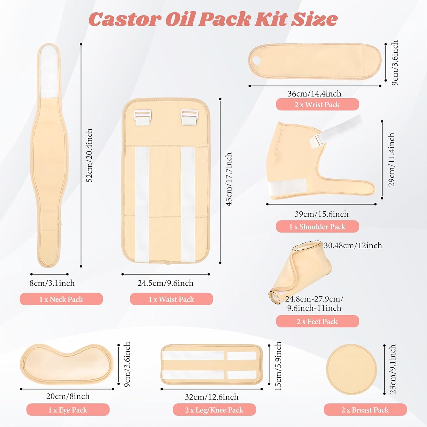 Castor Oil Pack Wrap Kit - 12 Reusable Organic Cotton Compress Pads for Pain Relief | Adjustable for Body Use