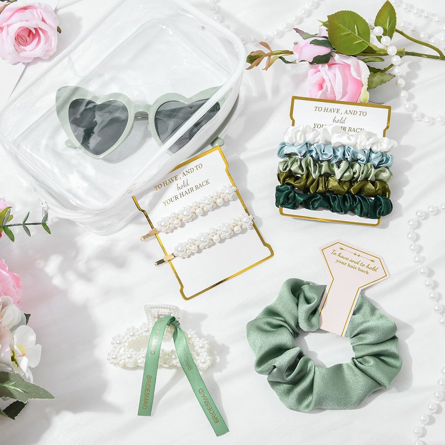 Pearl Gift Set for Bridesmaid Proposal - Clear Makeup Bag, Hair Claw Clips & Scrunchies | Sage Green