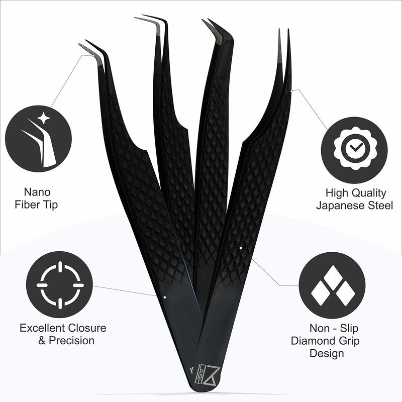 M LASH tweezers for Eyelash Extension (Set of 4) - Professional & Precision Eyelash tweezers - Japanese Steel, Diamond Grip, Fiber Tip V3 lash applicator tool (Rose Gold)