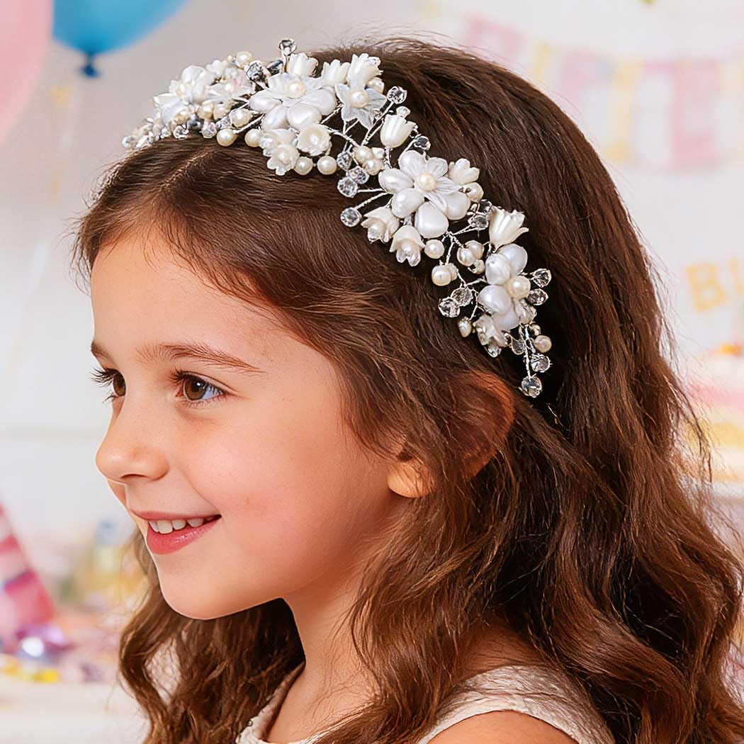 Campsis Flower Girls Hair Accessory, White Floral Headpiece, Wedding Pearl Headband for Girls