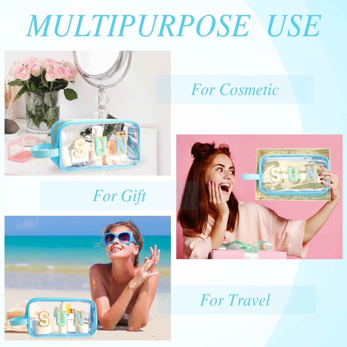 Kacctyen Letter Clear Makeup Bags Sun Pouch Blue Preppy Patch Clear Travel Bag with Zipper Chenille Nylon Cosmetics Waterproof Sandproof Bags Toiletry Storage Snack Sunscreen Pouch for Women