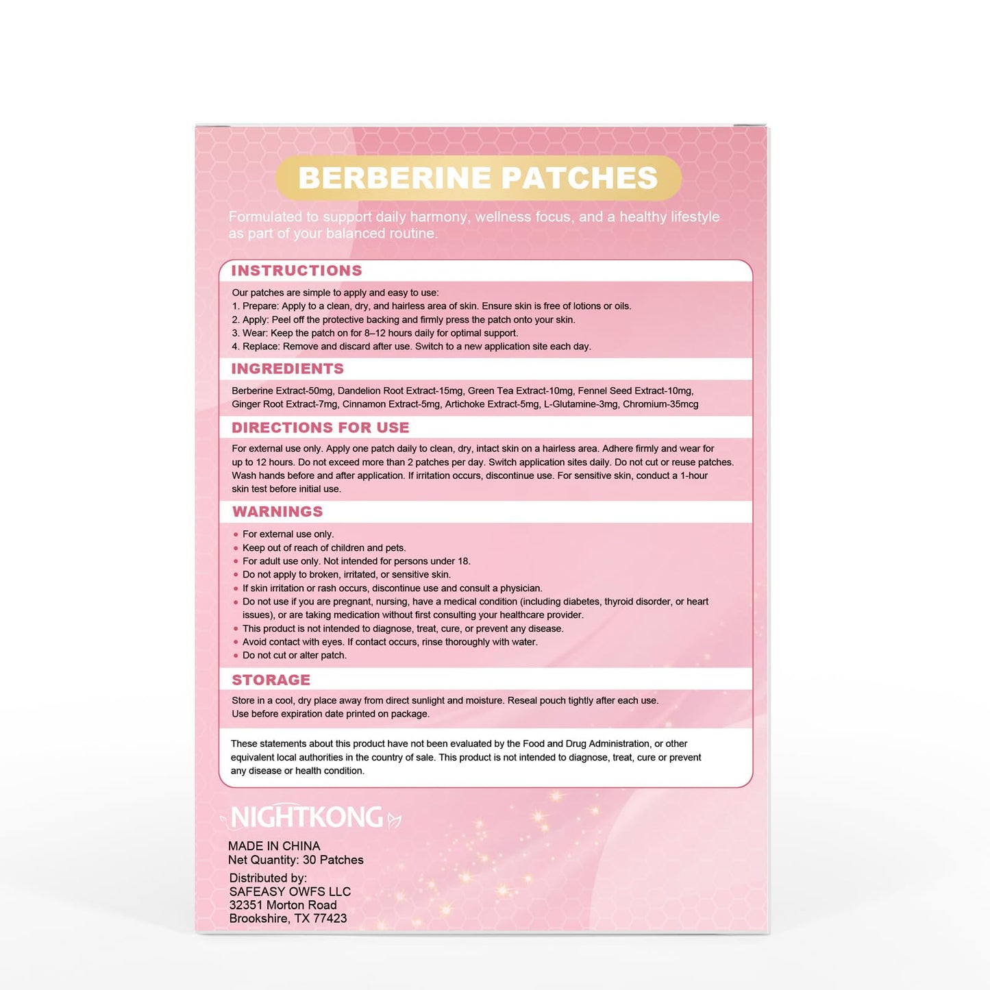 NightKong Berberine Patches for Women & Men – with Berberine, Green Tea, Cinnamon & L-Glutamine, Self Care Patch for Daily Routine – 30 Patches