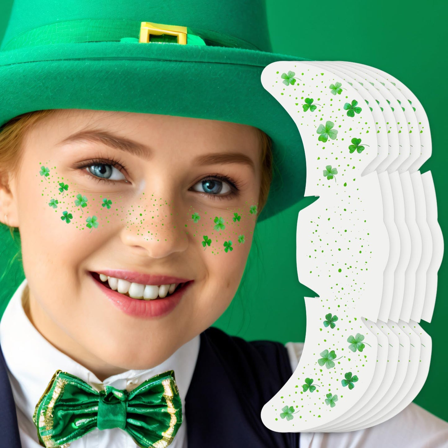 Paminify St Patricks Day Accessories, Green Shamrock Temporary Face Glitter Freckles Tattoos,St Patty's Green Face Tattoos Sparkle Glitter Makeup,Saint Patrick's Day Outfit for Women,6 PCS
