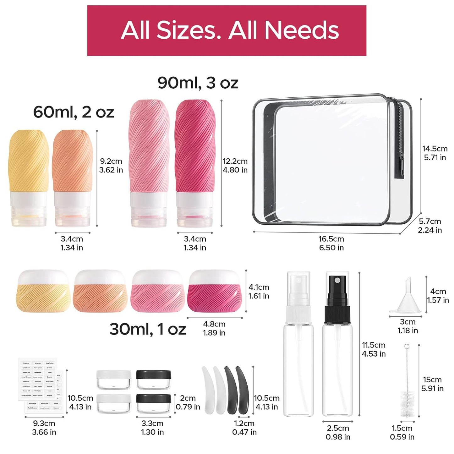 LitBear 23 Pack TSA Approved Travel Bottles - Leak Proof Refillable Containers for Shampoo, Lotion & Conditioner | Pink