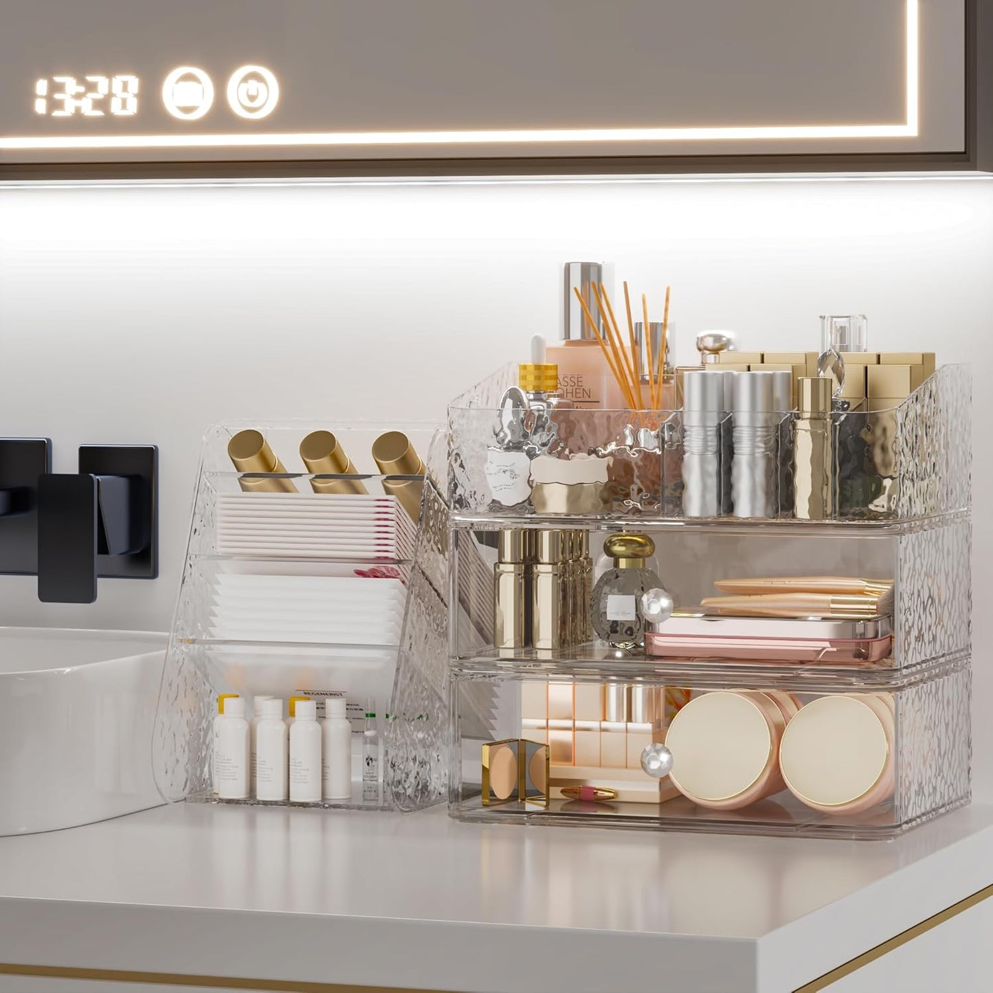 Makeup Organizer - Clear Stackable Storage Case for Brushes, Lipsticks & Skincare | Vanity Drawer Solution