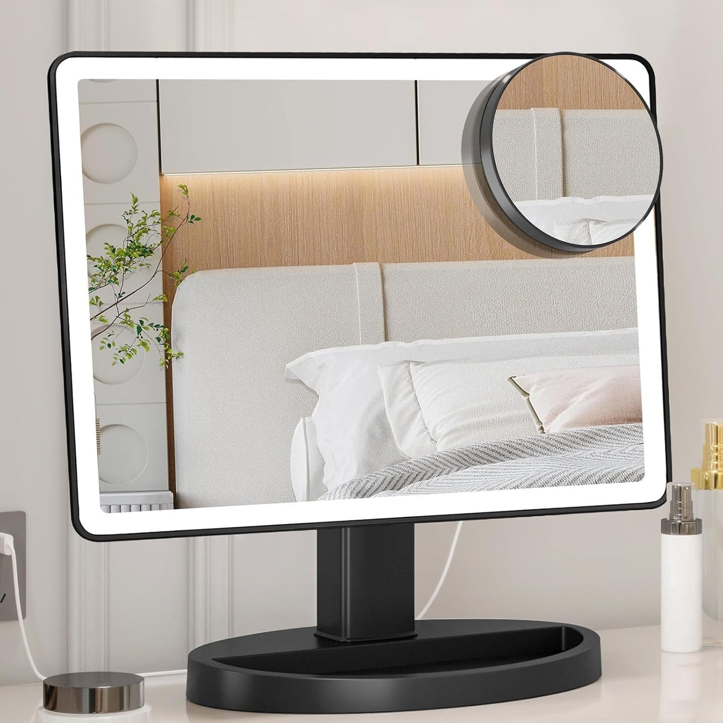 Large Lighted Makeup Mirror - 10x Magnification, 360° Rotation | Adjustable Brightness for Desk Use