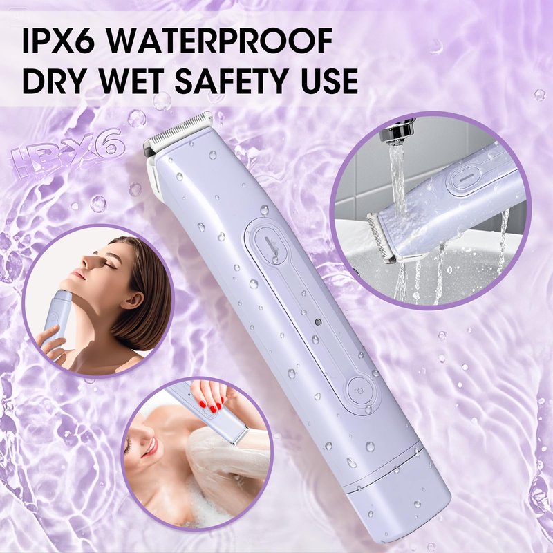 Lanumi 2 in 1 Electric Shaver Dual Head Bikini Trimmer Women IPX6 Wet Dry Pubic Hair Trimmer Rechargeable Body Facial Hair Remover for Face Lip Chin Underarm Legs (Purple)