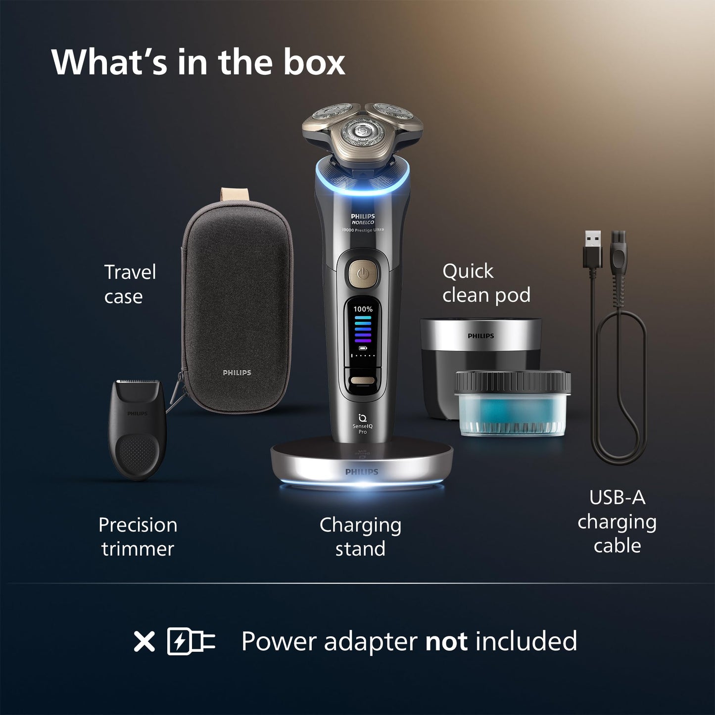 Philips Norelco Shaver i9000 Prestige Ultra, Wet & Dry Electric Shaver, Dark Slate, SenseIQ Pro Technology, Triple Lift & Cut System, 360 Rotating NanoTech Precision Blades, Quick Clean Pod, XP9402/86