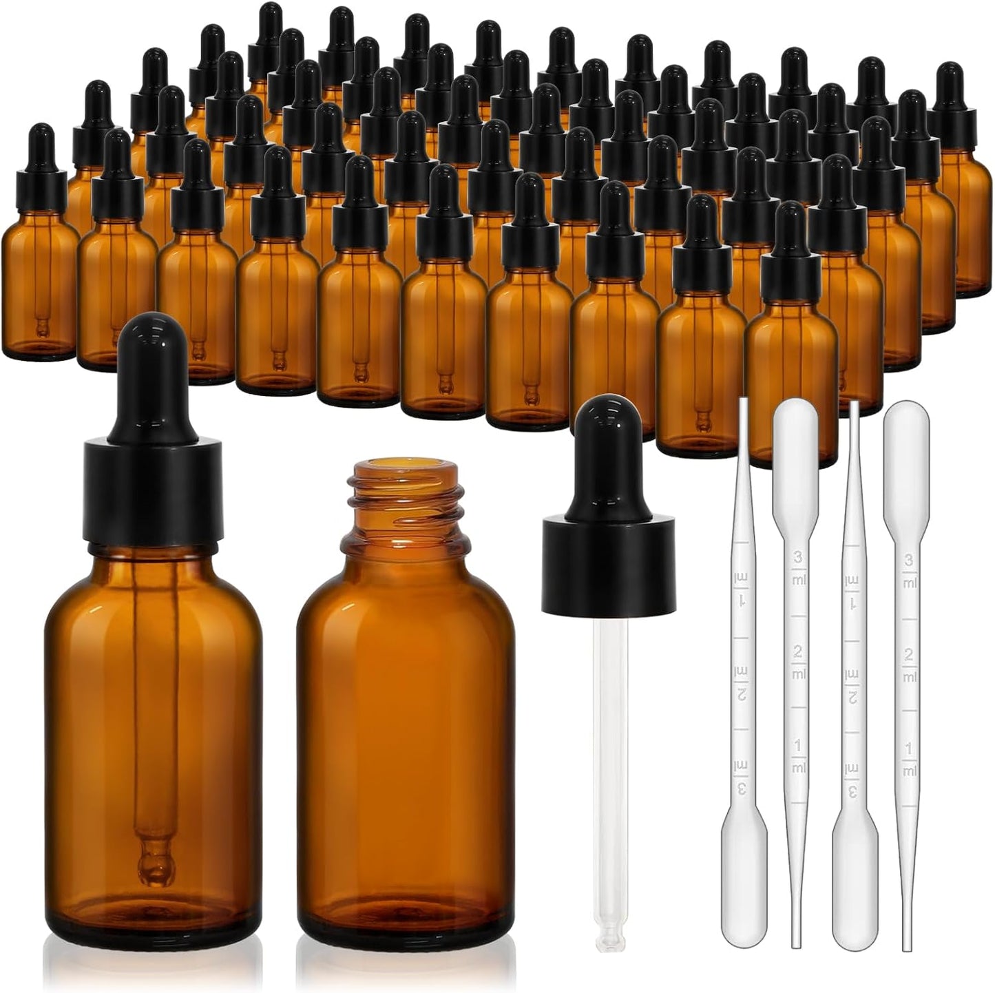 60 Pack 1oz Eye Dropper Bottles - Leakproof Amber Glass for Essential Oils & Tinctures | 30ml Travel Size
