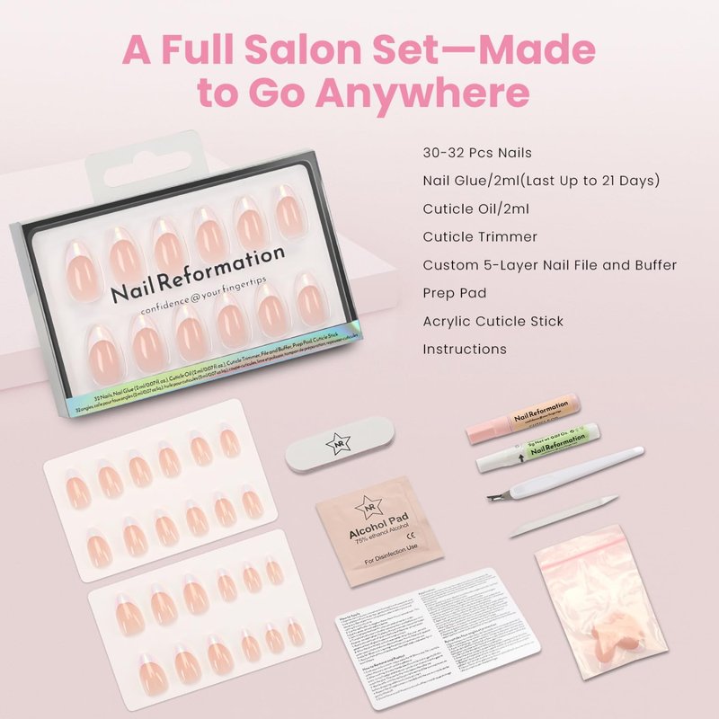 Press On Nails - Mirror Effect Short Almond Fake Nails | White French Tip on Pink Gradient Metallic Base, 16 Sizes - 32 Reusable Nail Kit for Women