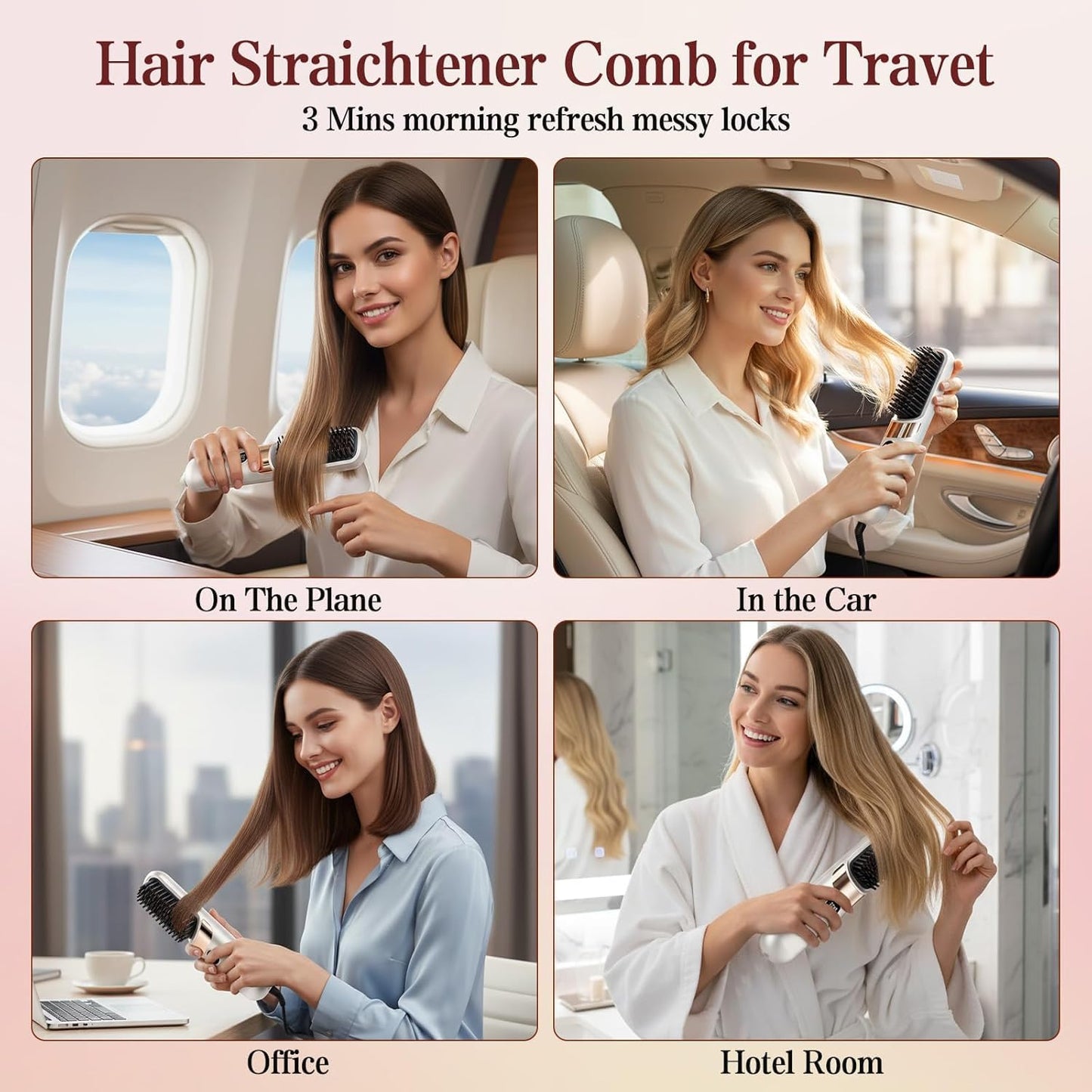 Go Brush Pro Cordless Hair Straightener Brush - Portable Rechargeable Ceramic Styling Brush with 4 Adjustable Heat Modes & LED Display, Perfect for Travel & Everyday Use (Cream White)