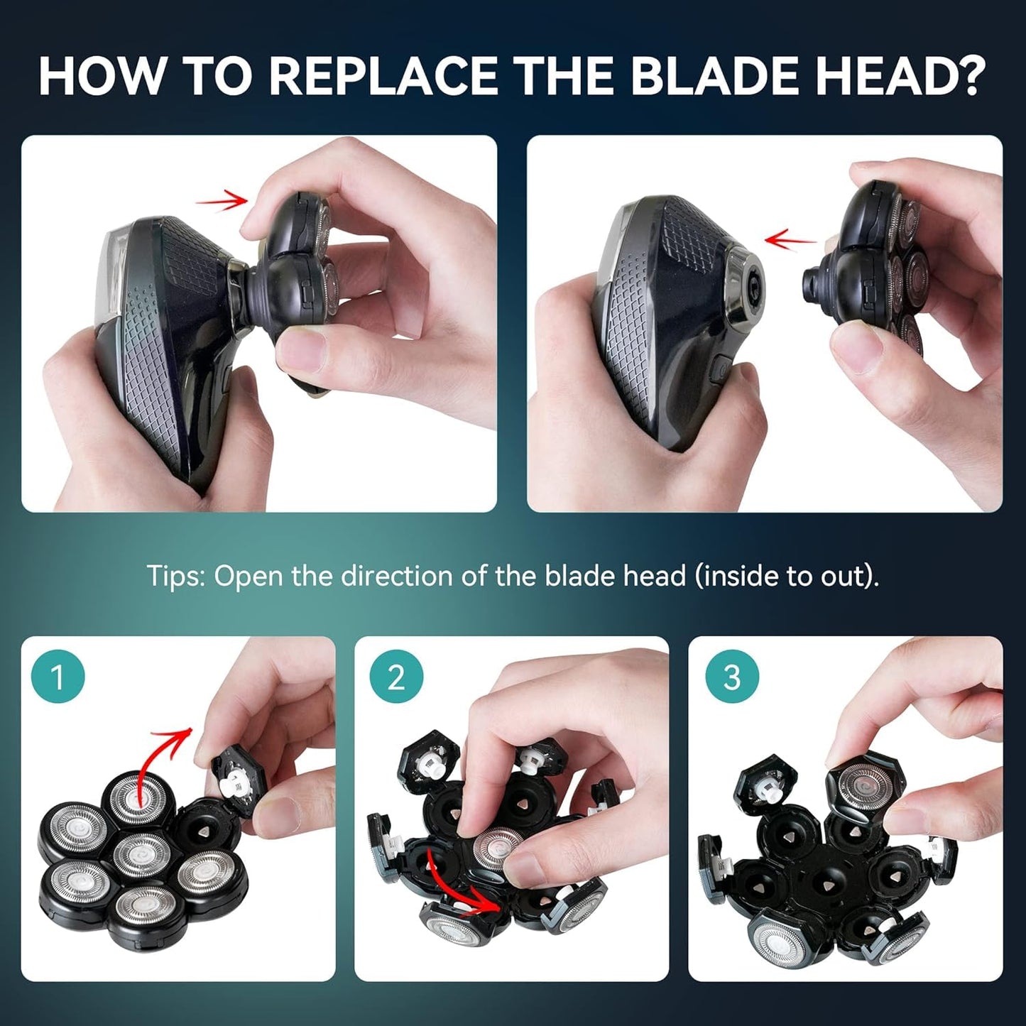 kensen 7D Head Shaver Replacement Head - Electric Shaver Replacement Head 7 Heads for Bald Men Wet and Dry Compatible Many Models Waterproof Head Razor