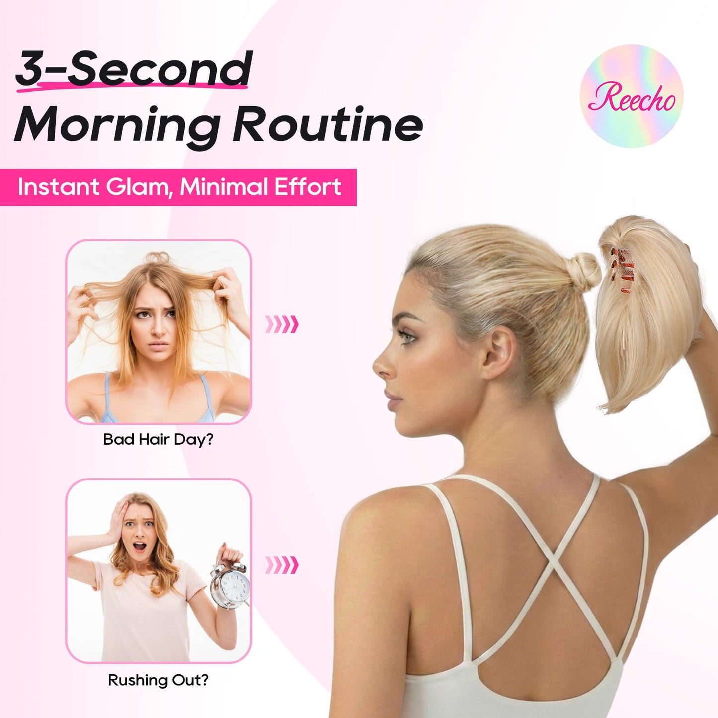 REECHO Ponytail Extension, 8" Short Mini Claw Clip Pony Tail Hair Extensions Natural Soft Feather-Light Tension-Free Ponytail Hairpiece for Women with Short Fine Thin Hair - Medium Blonde