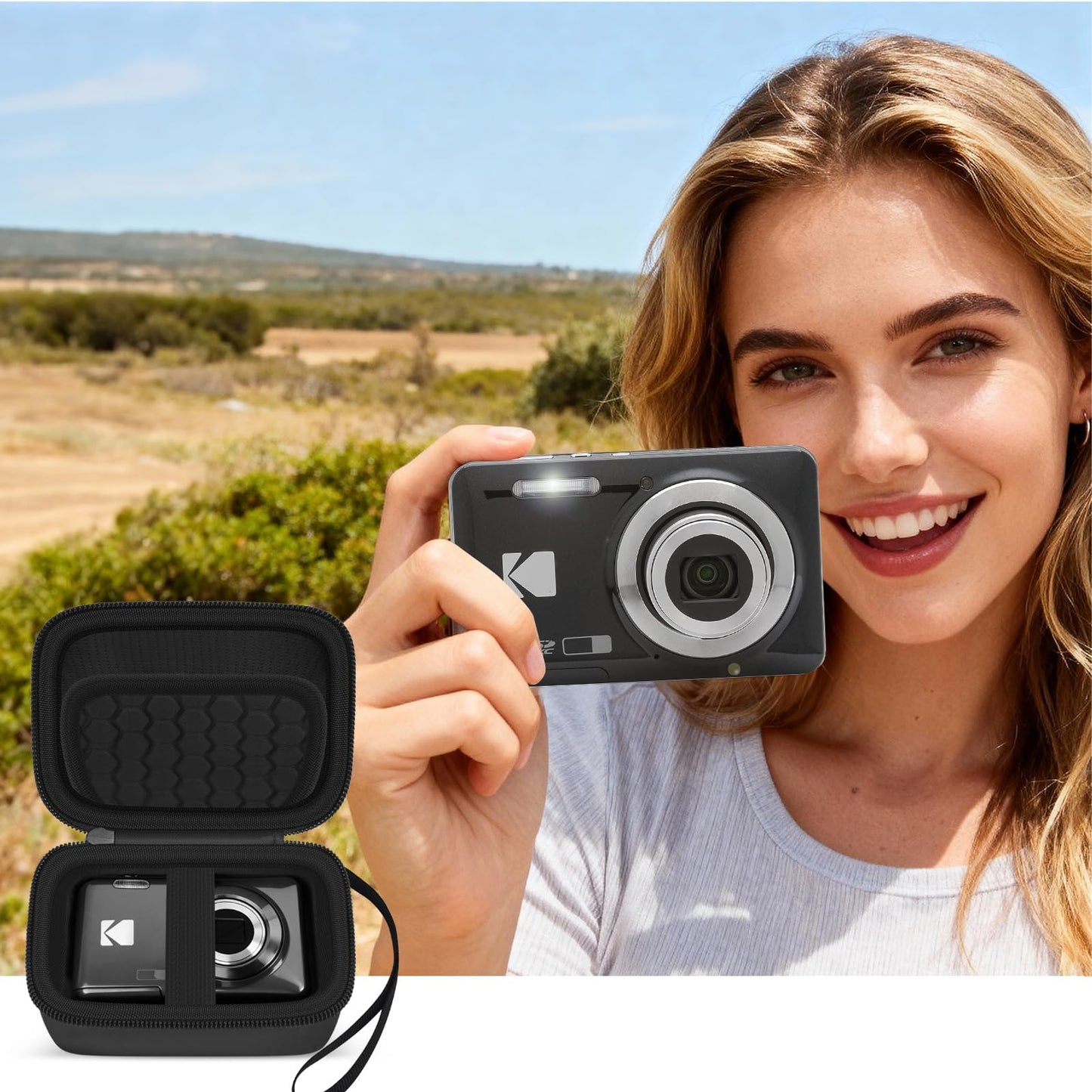Digital Camera Case for KODAK PIXPRO FZ55/ FZ45/ FZ53/ FZ43 16MP Video Vlogging Cameras, Travel Storage Holder Bag with Mesh Pocket for Batteries, Cables, Memory Cards, Card Reader- Black (Box Only)