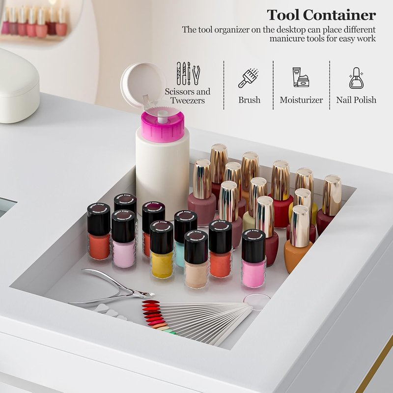 Nail Tech Table - Glass Top Manicure Desk with Dust Collector, 7 Drawers & 3-Tier Shelves | White Finish