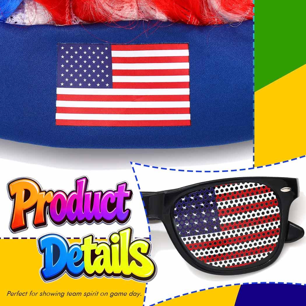 BODIY Soccer Sport Match Flag Head Accessories Football Fans Wig Flags Scarf Game Day Glasses for Men and Women (America)