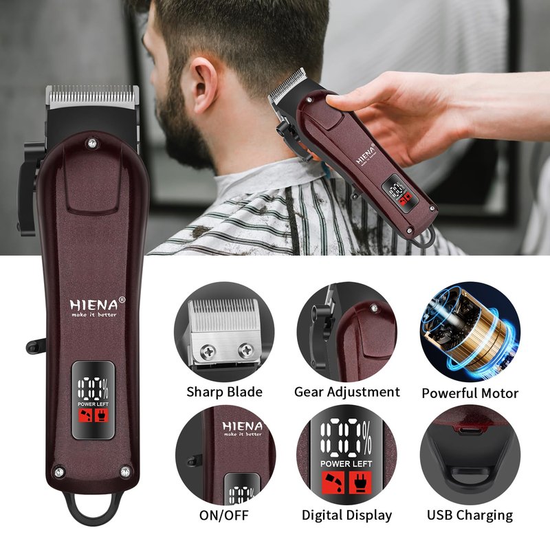 HIENA PRO Electric Hair Clipper & Trimmer for Men, Professional Cordless Barber Clipper with LED Display, Rechargeable Hair-Cutting Clippers, Perfect Gifts for Men(White) (Brown)