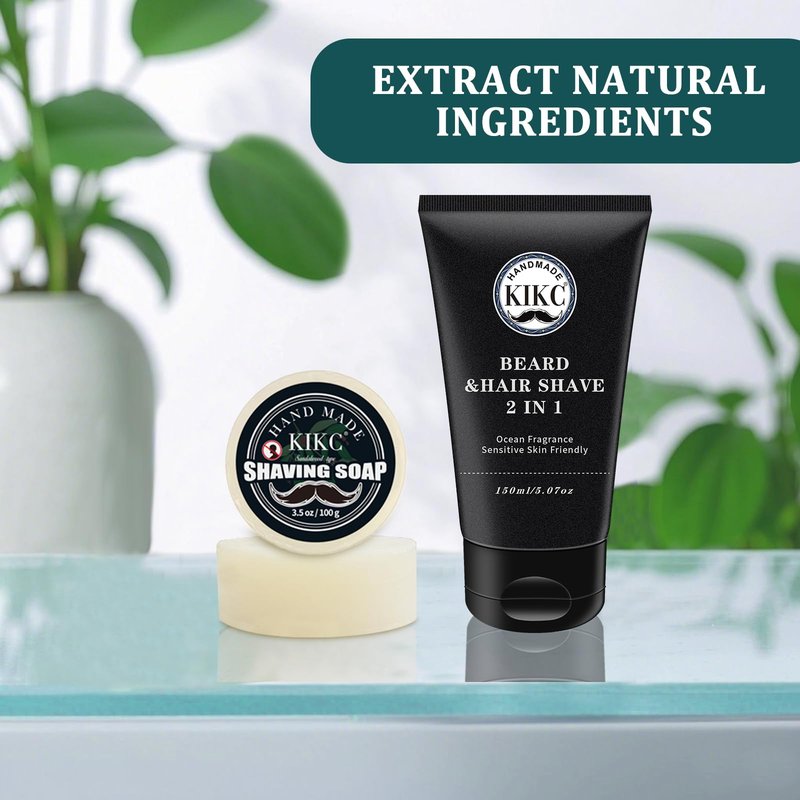 KIKC Shaving Soap and Shaving Cream Kit,Sandalwood Scent Shave Soap for Men,Shave Cream with Ocean Fragrance, a 3.5oz Soap, a 2 in 1 Shave Cream 150ml for Wet Shaving
